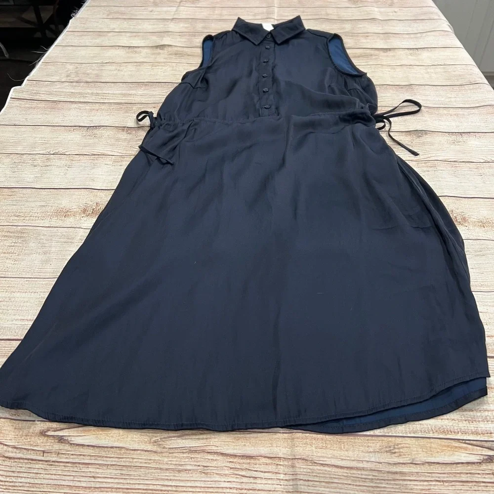 H&M Navy Blue Sleeveless Collared Button Front Drawstring‎ Waist Dress Size 4 - Picture 2 of 12